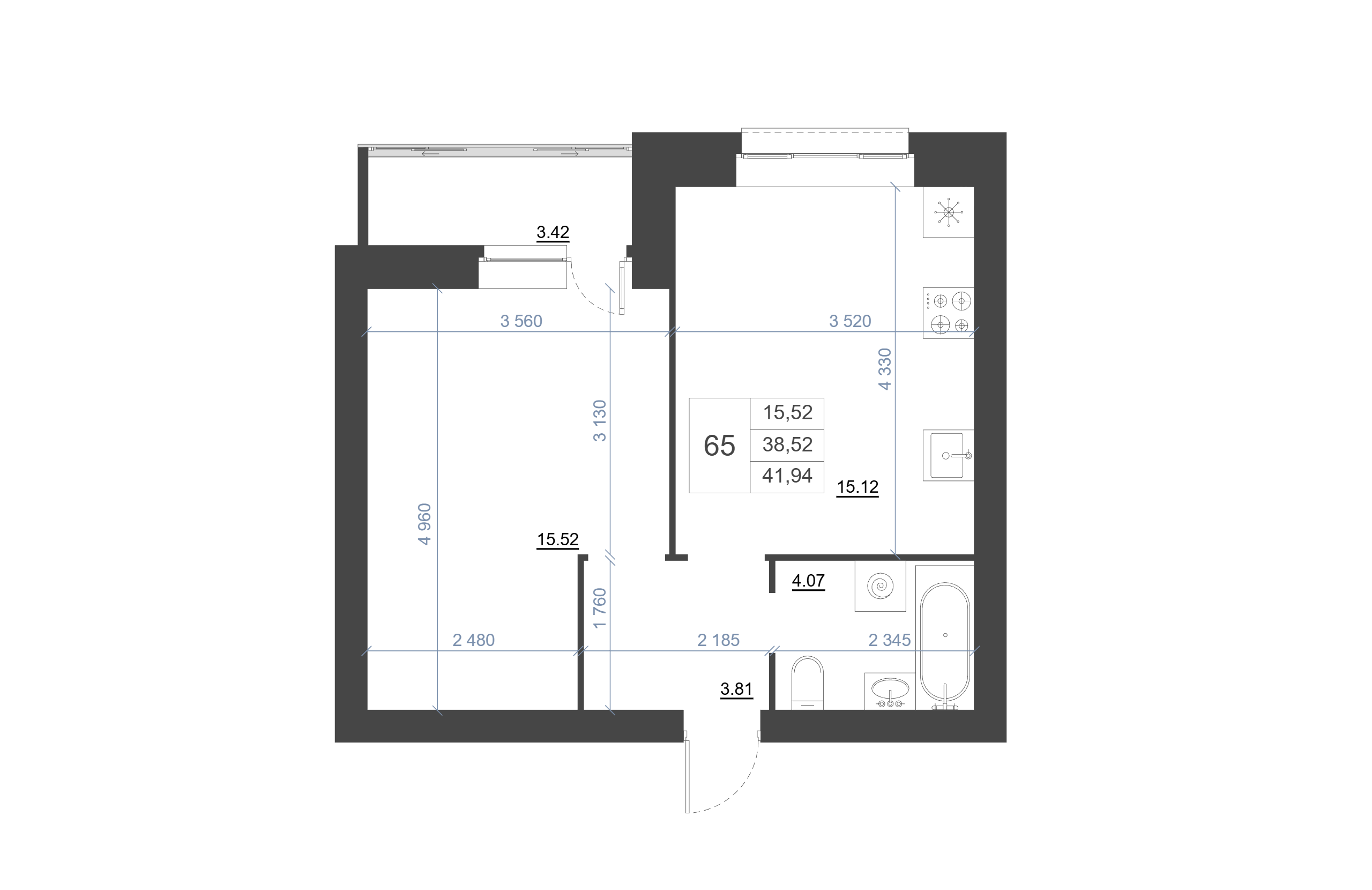 Планировка: 1-комнатная · 41,94 м², Экогород 3