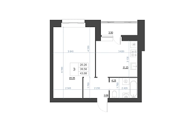 1-КОМНАТНАЯ, 43.08 М²