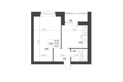 1-КОМНАТНАЯ, 43.67 М²